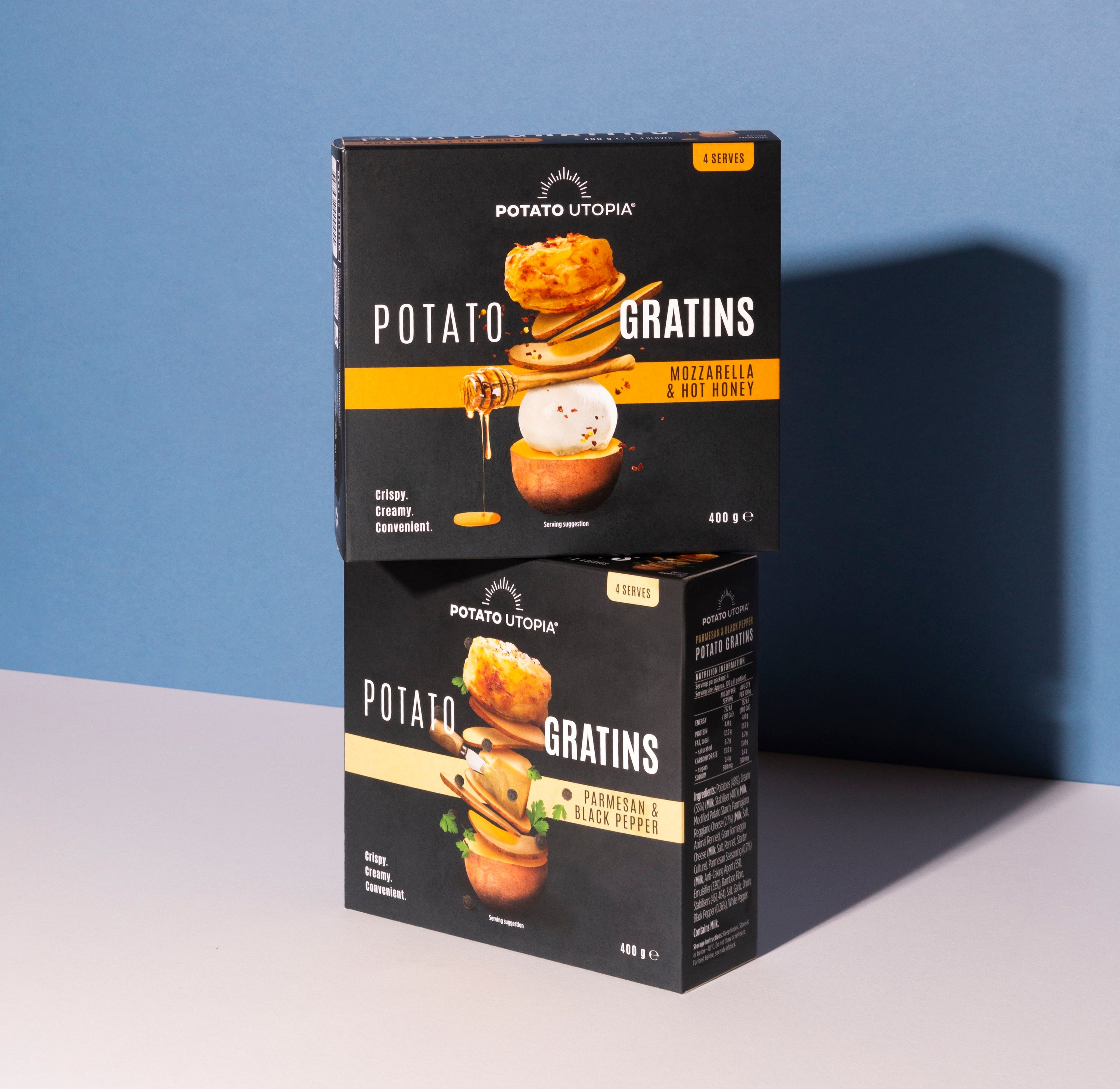 Two boxes of potato utopias new flavours, mozzarella hot honey and Parmesan black pepper