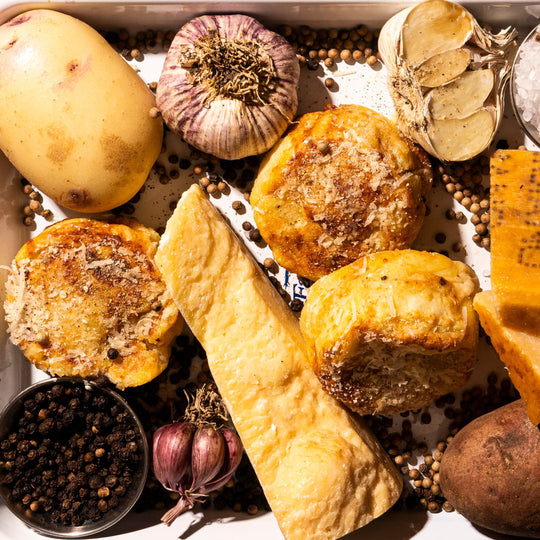 Assorted ingredients including a potato, garlic, various root vegetables and potato gratins on a metal tray against a blue background.